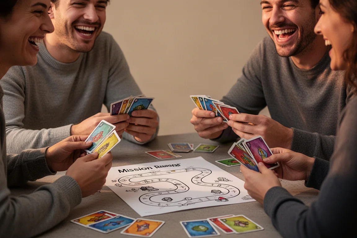 Lachende Spieler bei einem kooperativen Kartenspiel mit Missionsblatt auf dem Tisch