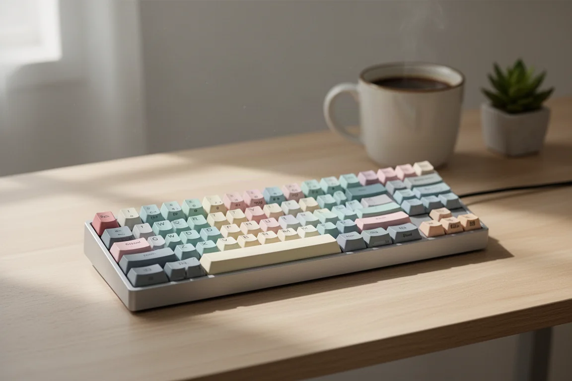 Kompakte Full-Size mechanische Tastatur mit Pastell-Tastenkappen auf einem Schreibtisch