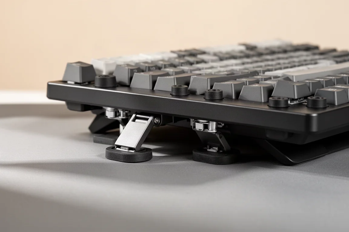 Unterseite der Tastatur mit zweistufigen Neigungsfüßen und Gummifüßen
