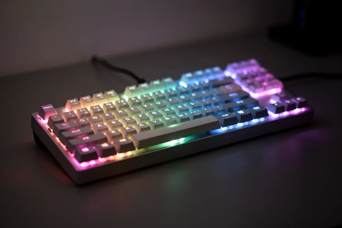 RGB-hintergrundbeleuchtete mechanische Tastatur, die in einem abgedunkelten Raum leuchtet