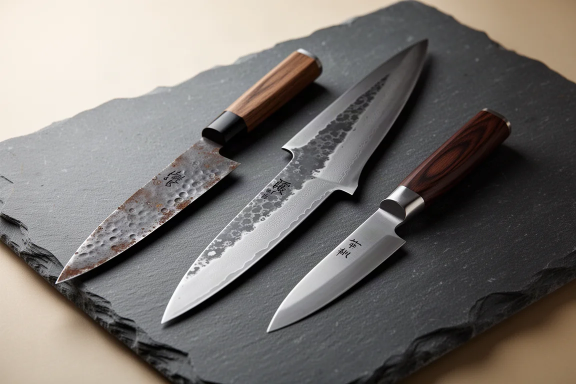 Lineup of hand-forged Japanese kitchen knives on a dark stone surface
