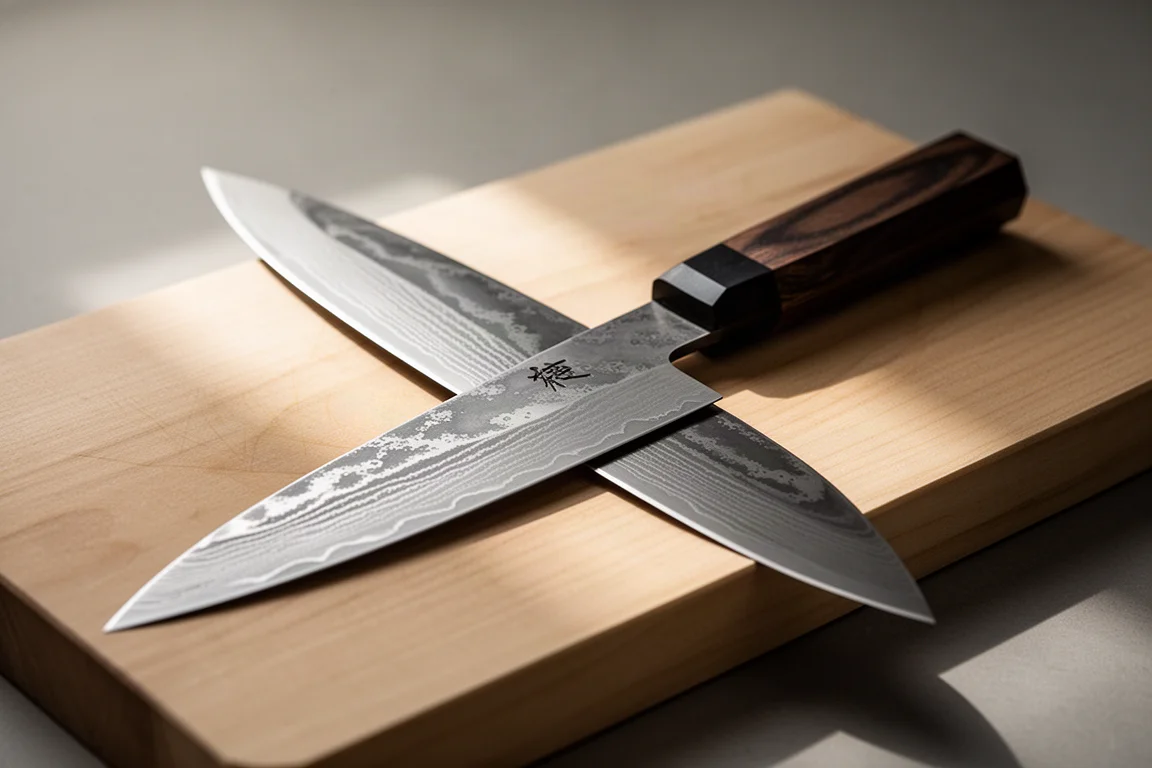 Japanese damascus kiritsuke knife resting on a wooden cutting board with soft light