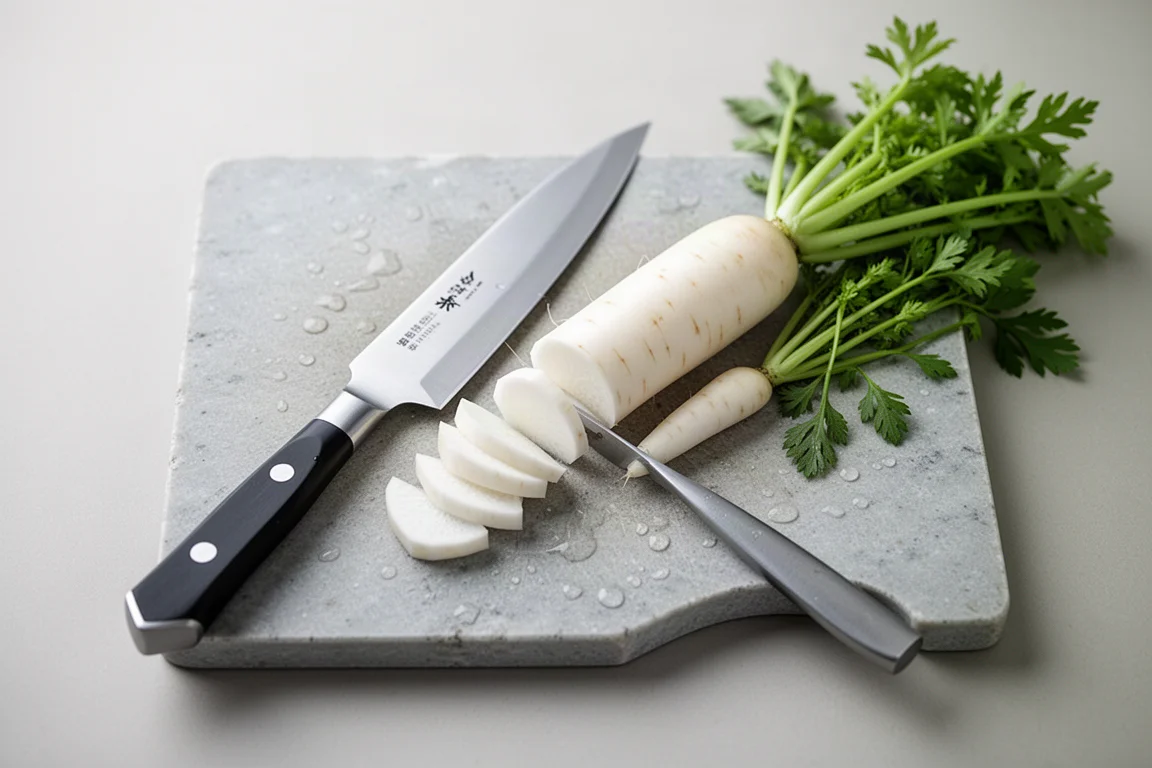 Fresh vegetables on a cutting board beside a nakiri vegetable knife