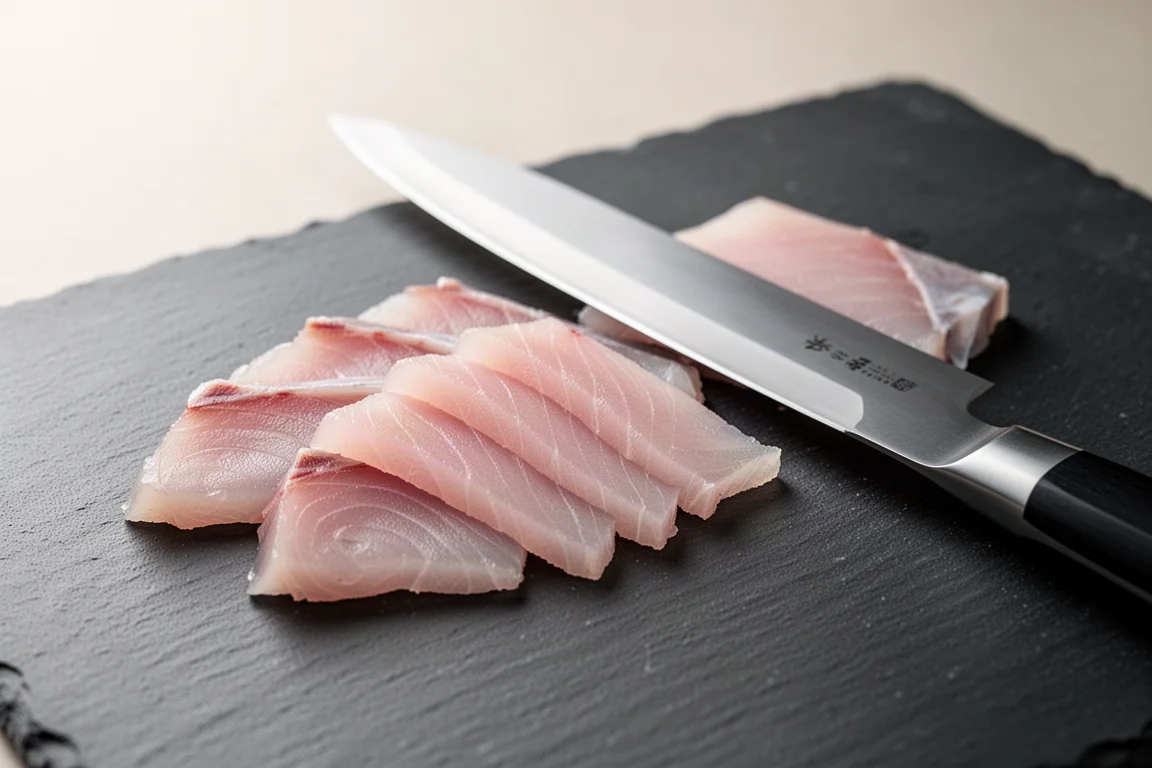 Thin slice of raw fish being prepared with a yanagiba on a dark slate surface