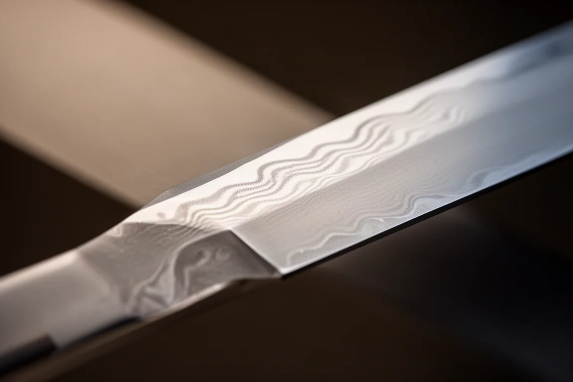 Close-up of a honyaki knife blade showing a subtle hamon line and steel grain