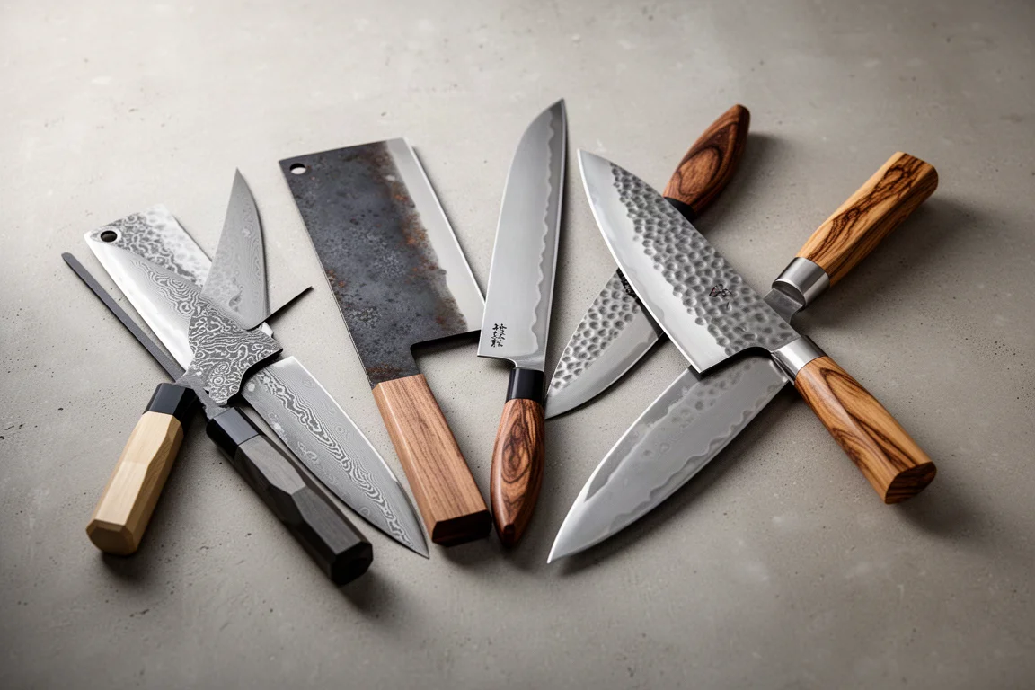 Five Japanese kitchen knives arranged on a concrete surface with varied blade finishes