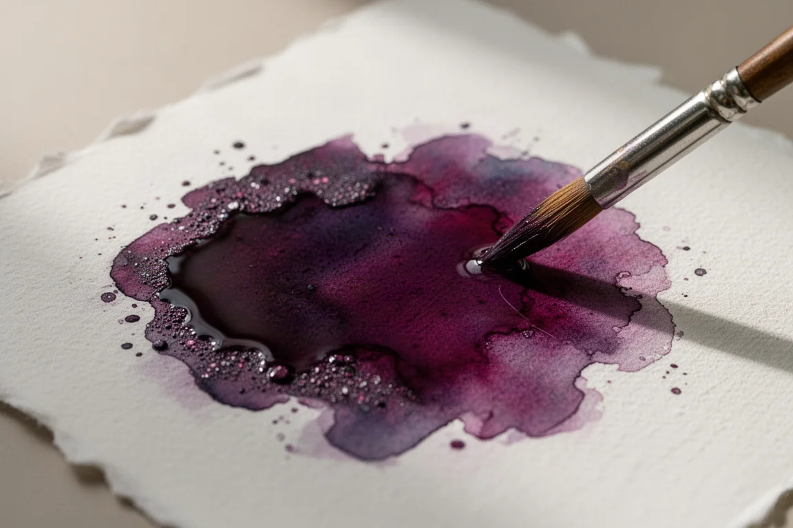 Aquarellpigment blüht in einem nassen Farbauftrag auf Papier auf