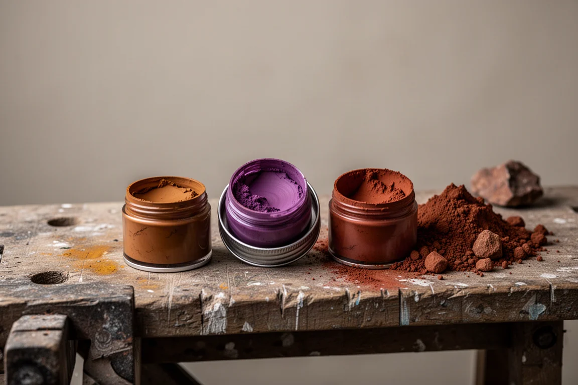 Dosen mit erdigen Ochre- und Rostfarben-Pigmentfarben auf einer Werkbank