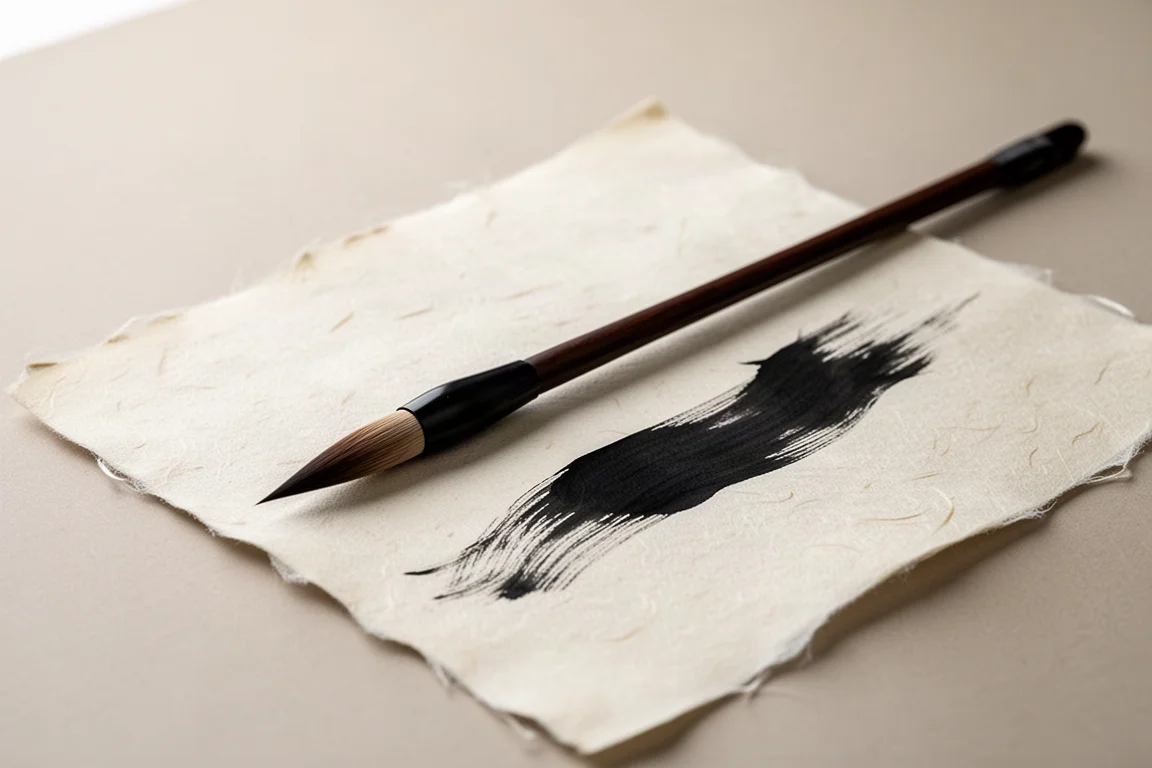Kalligraphiepinsel neben frischen schwarzen Tuschestrichen auf Papier