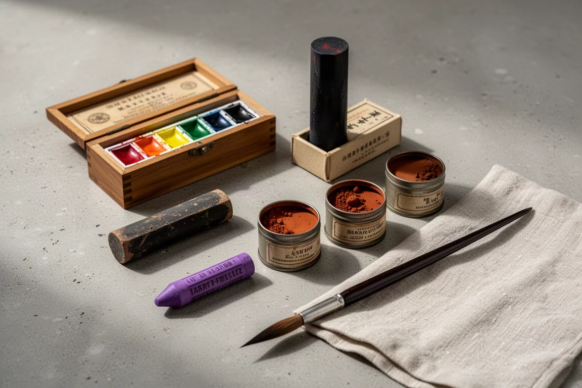 Composizione flat-lay di materiali artistici rari tra cui portacolori ad acquerello, bacchetta d'inchiostro, pastello, scatole di pigmento e pennello da calligrafia