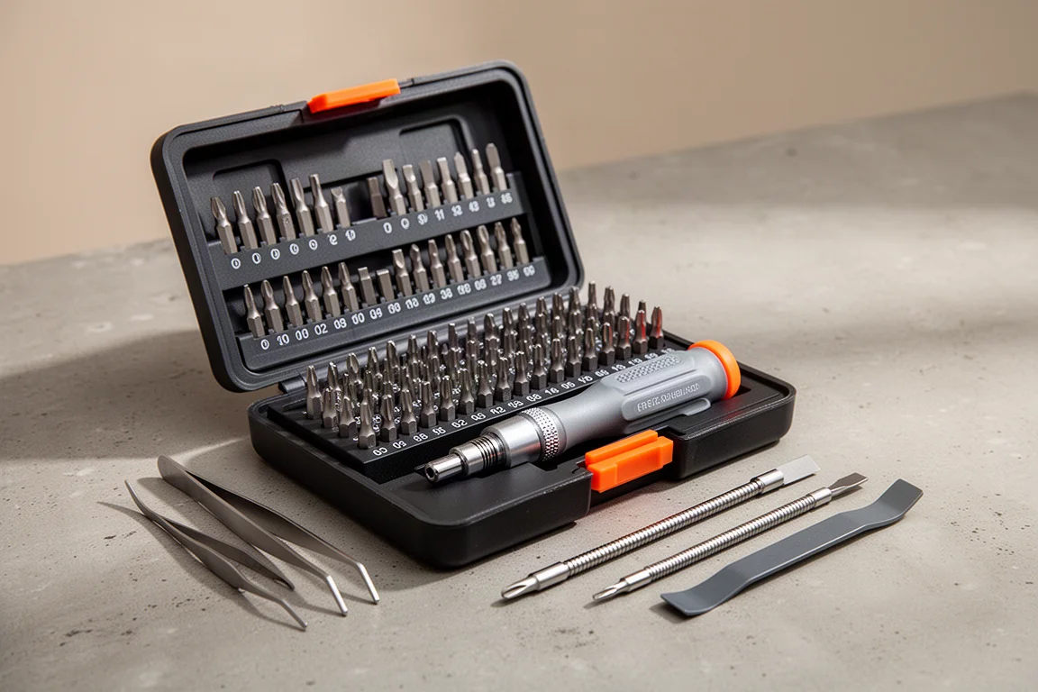 Open precision screwdriver bit set case with rows of bits, handle, and small tools