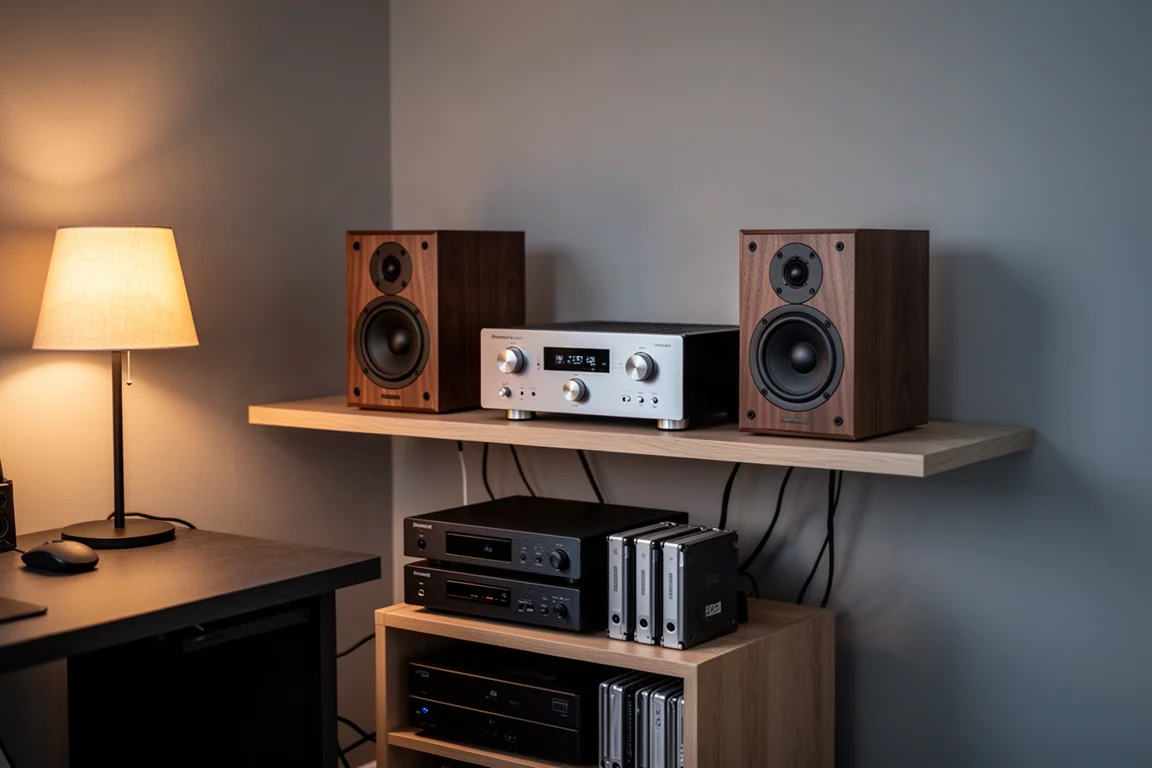 Angolo hi-fi domestico compatto al crepuscolo con amplificatore, diffusori da scaffale e mensola portaoggetti