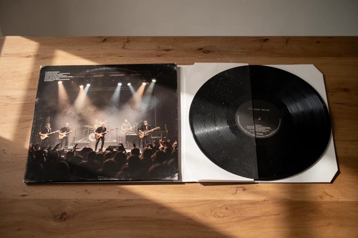 Copertina apribile di un album dal vivo aperta e disco in vinile nero su un tavolo di legno
