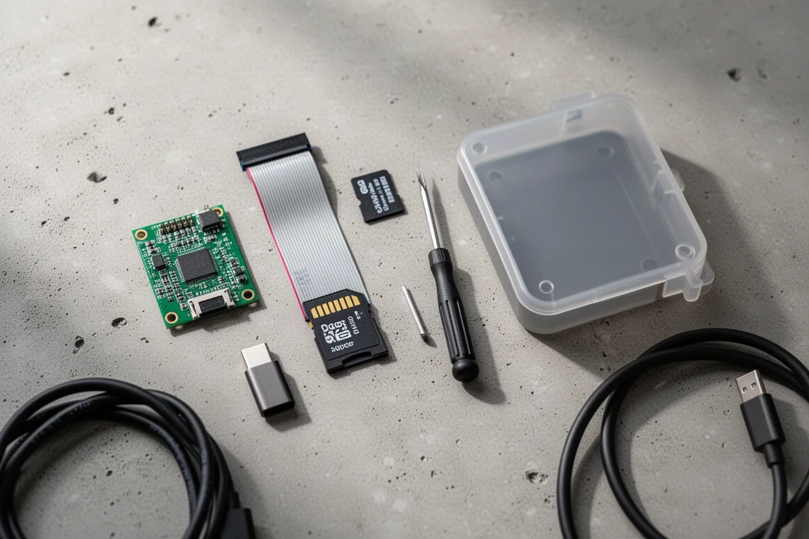 Vista dall'alto di componenti elettronici fai-da-te, cavo a nastro, scheda microSD e attrezzi