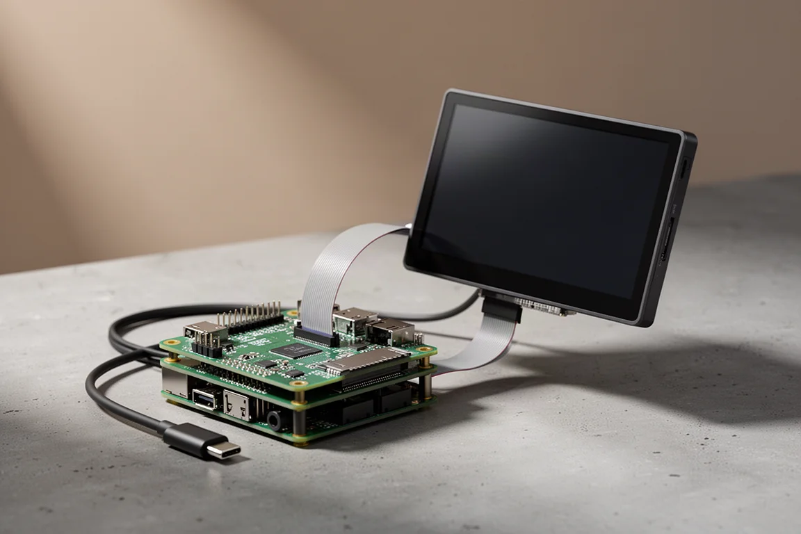 Small single-board computer with stacked expansion board and seven-inch display on concrete