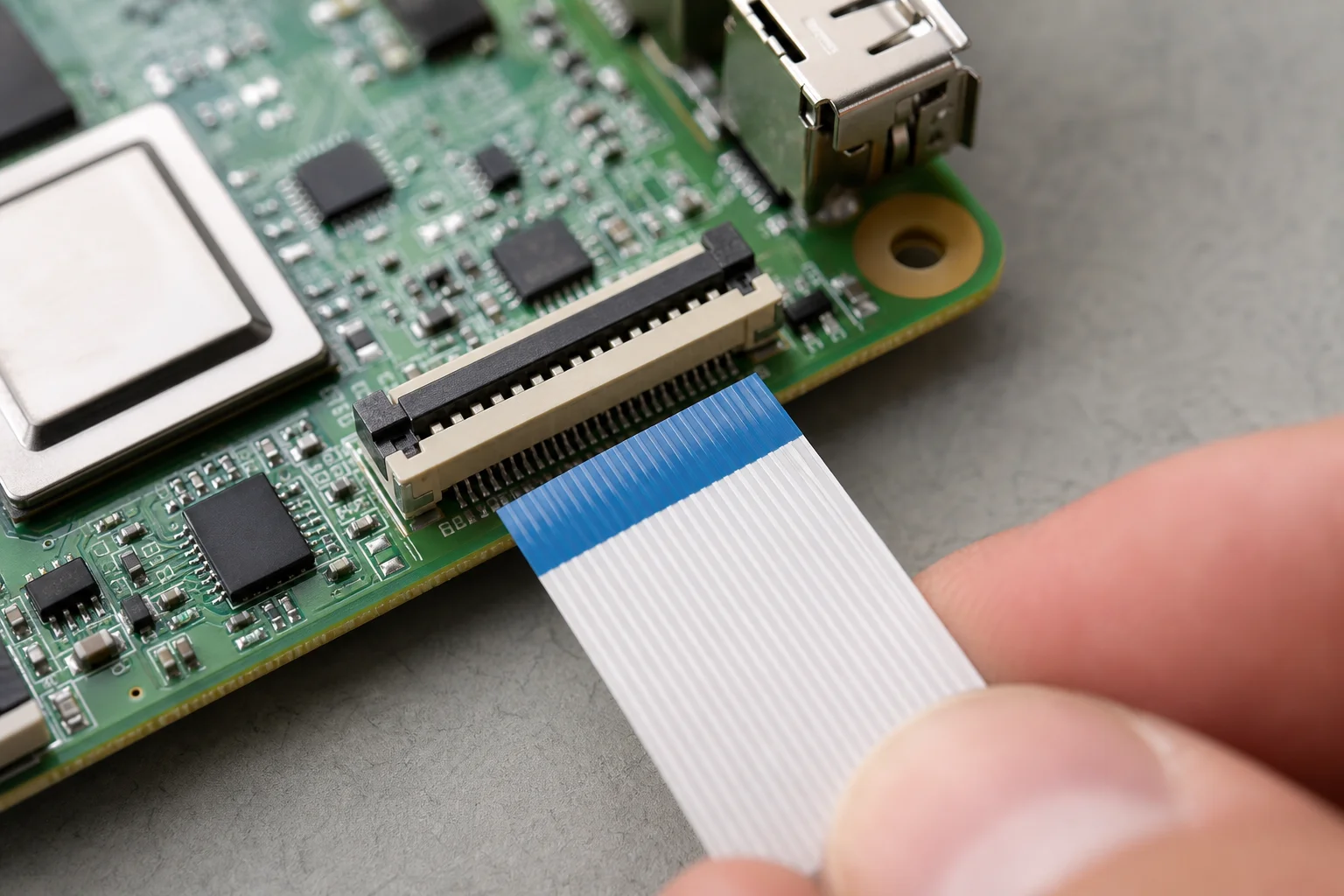 Close-up of FFC cable connection between Raspberry Pi and touchscreen display