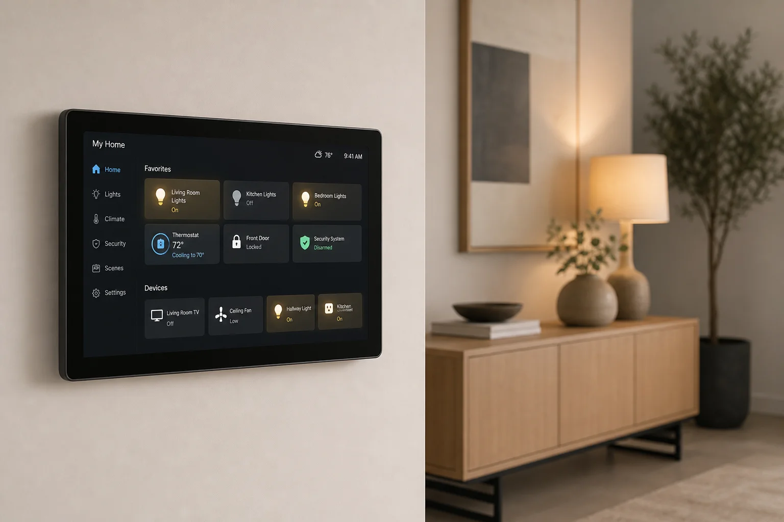 Home automation dashboard displayed on a 7-inch touchscreen mounted in a studio setting