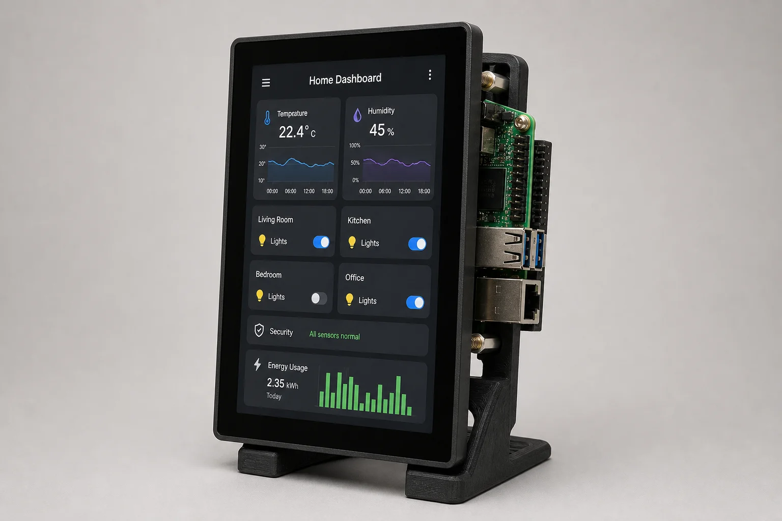 Raspberry Pi 5 with Touch Display 2 mounted on 3D-printed stand showing home automation dashboard