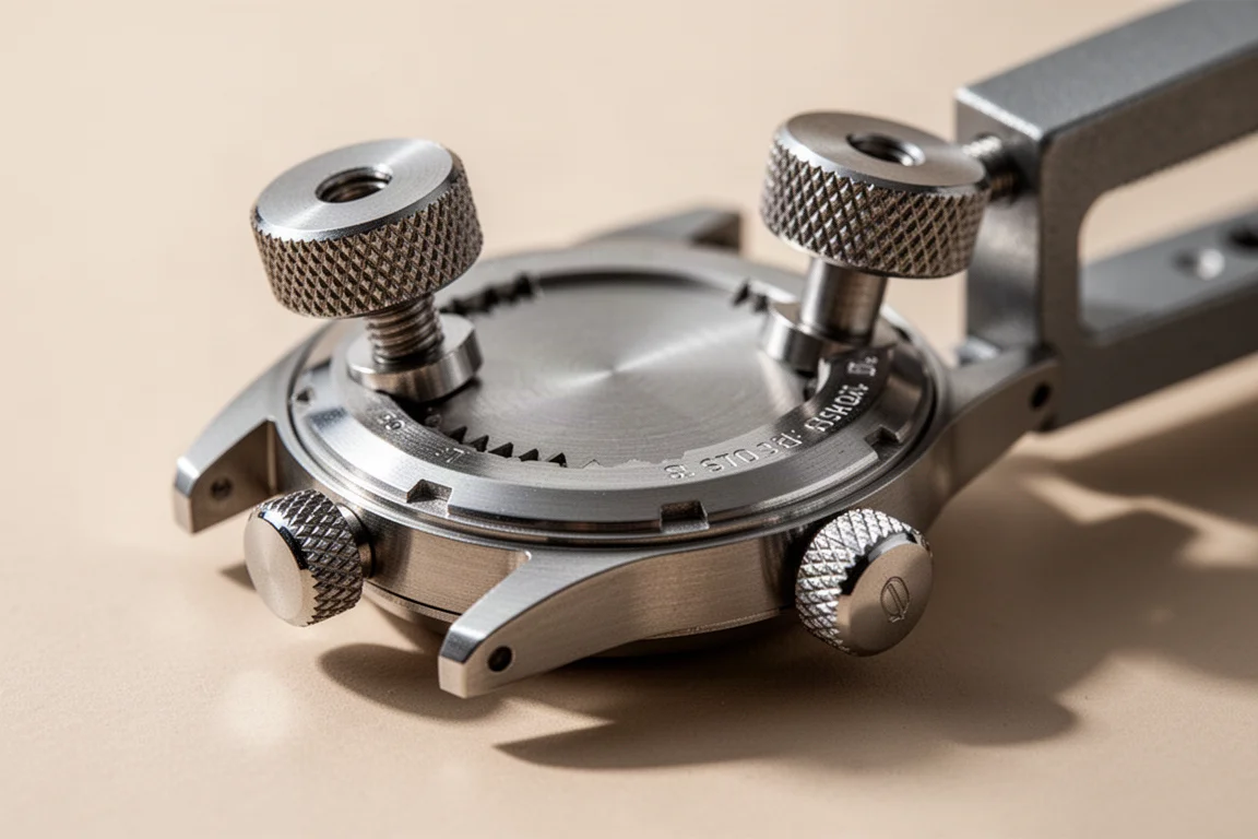 Ein verstellbarer Metall-Gehäuseöffner umfasst den Gehäuseboden einer Uhr