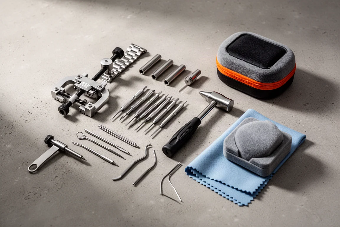 Complete watch repair tool kit with case cracker, screwdrivers, and bracelet tools laid out flat