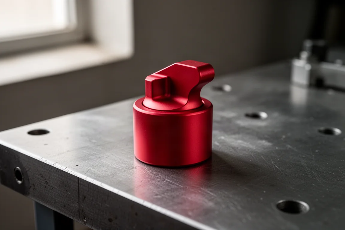 Small red anodized aluminum knob with lever on a brushed steel workbench