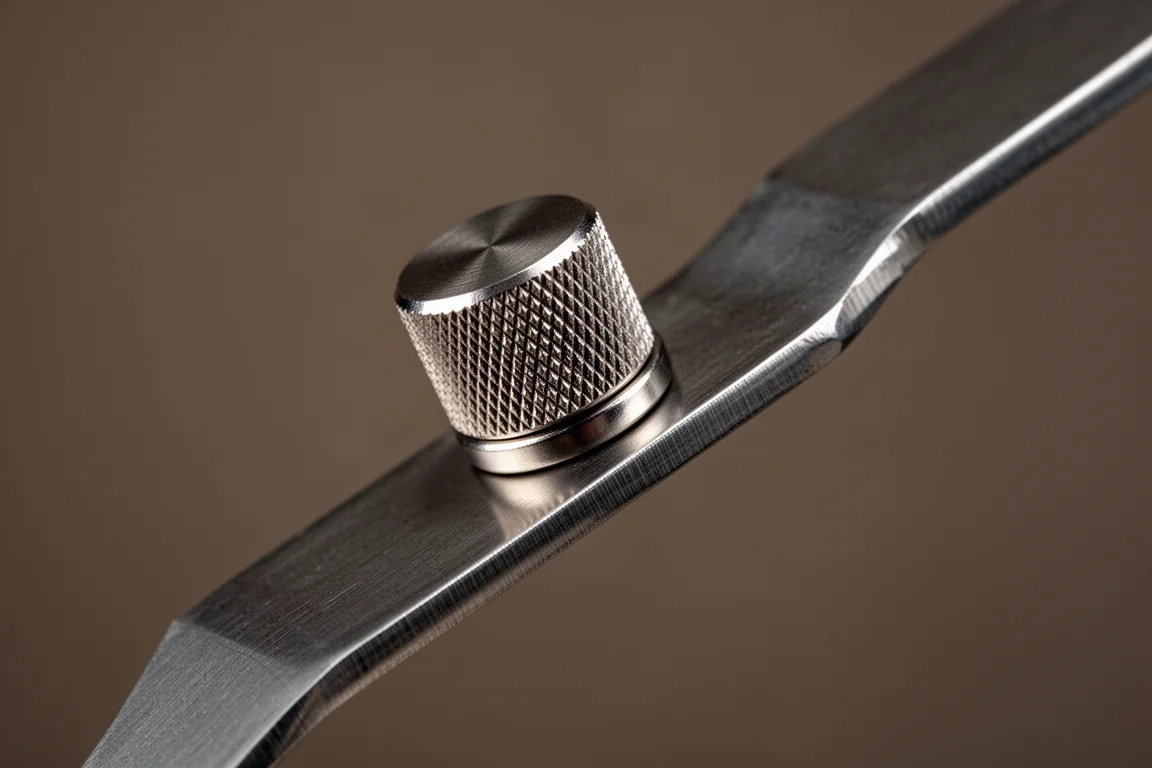 Zbliżenie na mocny magnes trzymający radełkowane metalowe pokrętło przy stalowym łomie