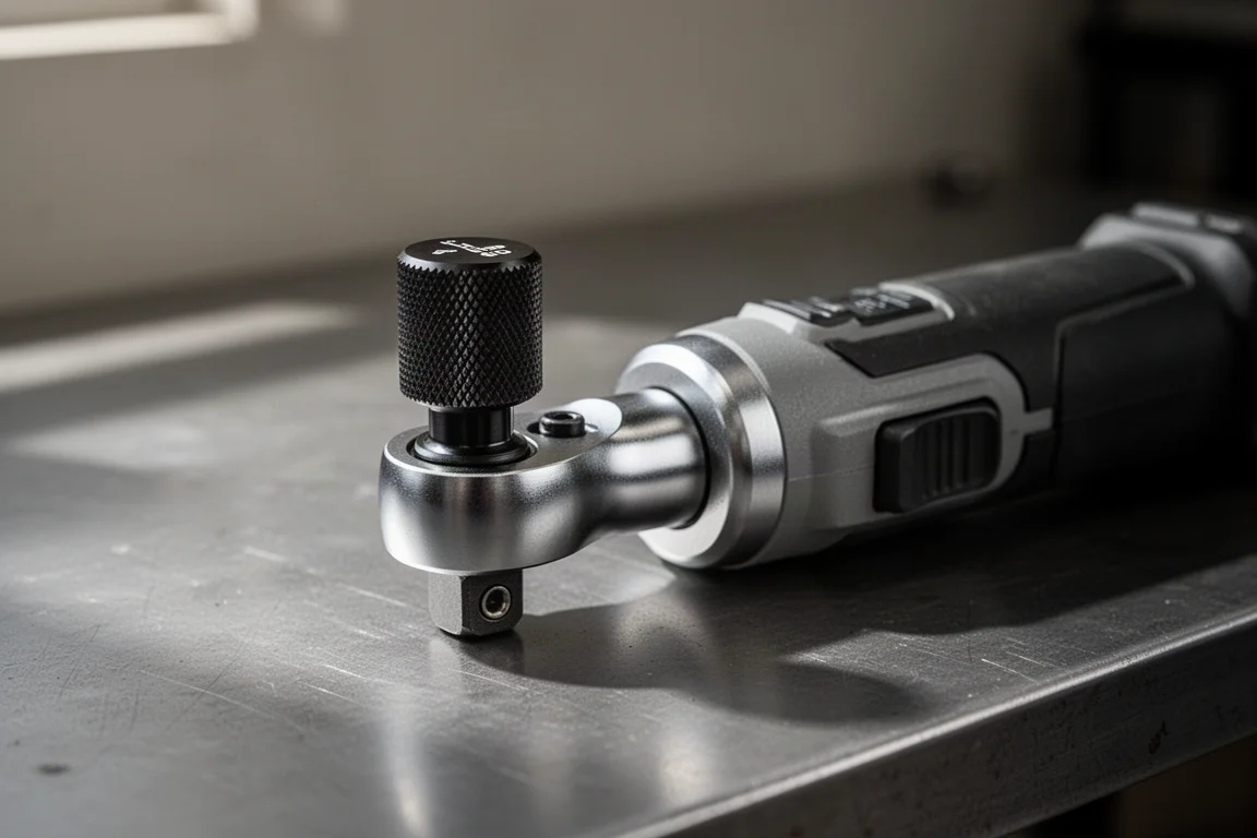 Small metal ratchet knob mounted on the head of a cordless ratchet wrench