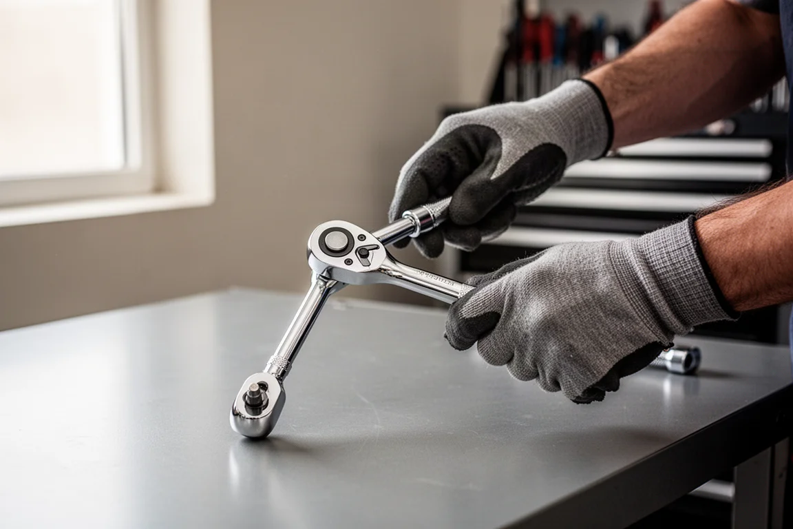 Mechanic's hands operating the articulating head of a flex head ratchet on a workbench