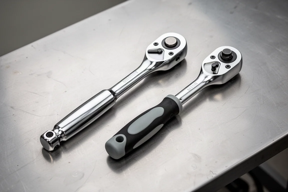 Two flex head ratchets side by side on a workbench showing head size difference