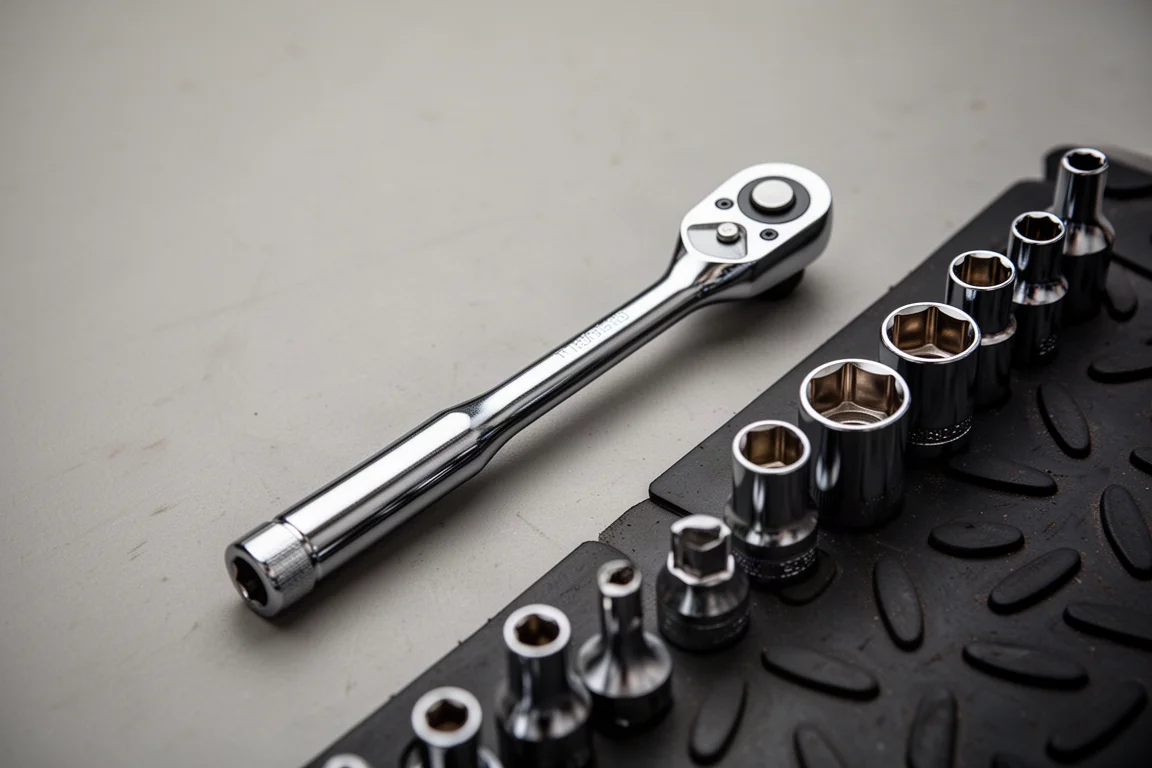 Slim Japanese swivel head ratchet resting on a wooden workbench in soft light
