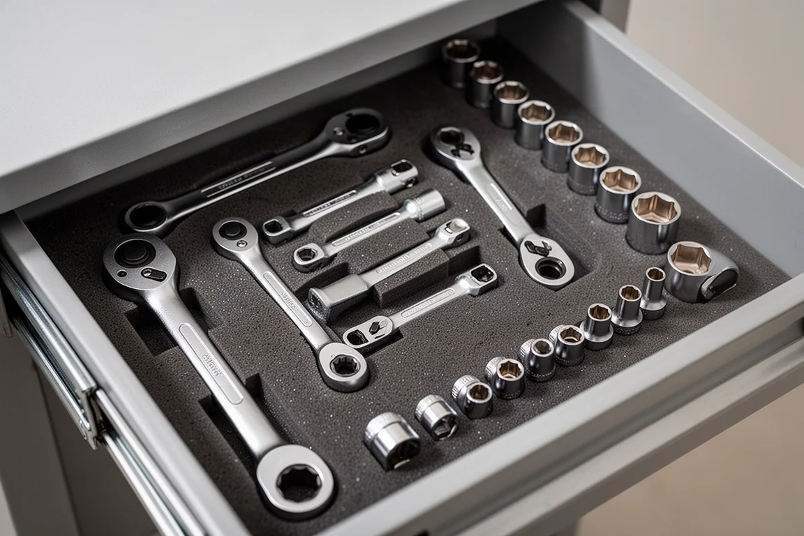 Ratchet drawer with several chrome ratchets laid out alongside sockets