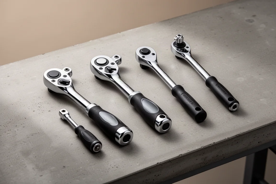 Four chrome ratchets arranged in a row on a grey workbench