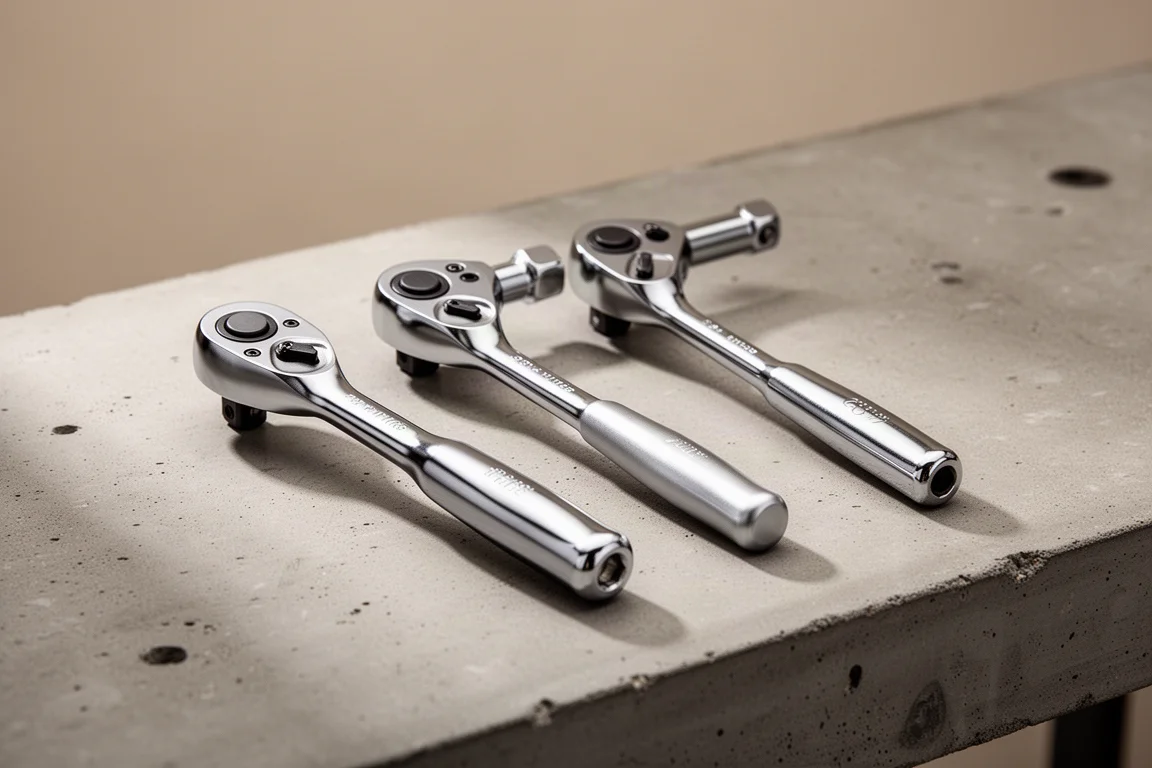 Three Japanese-made hand ratchets lined up on a concrete workshop surface