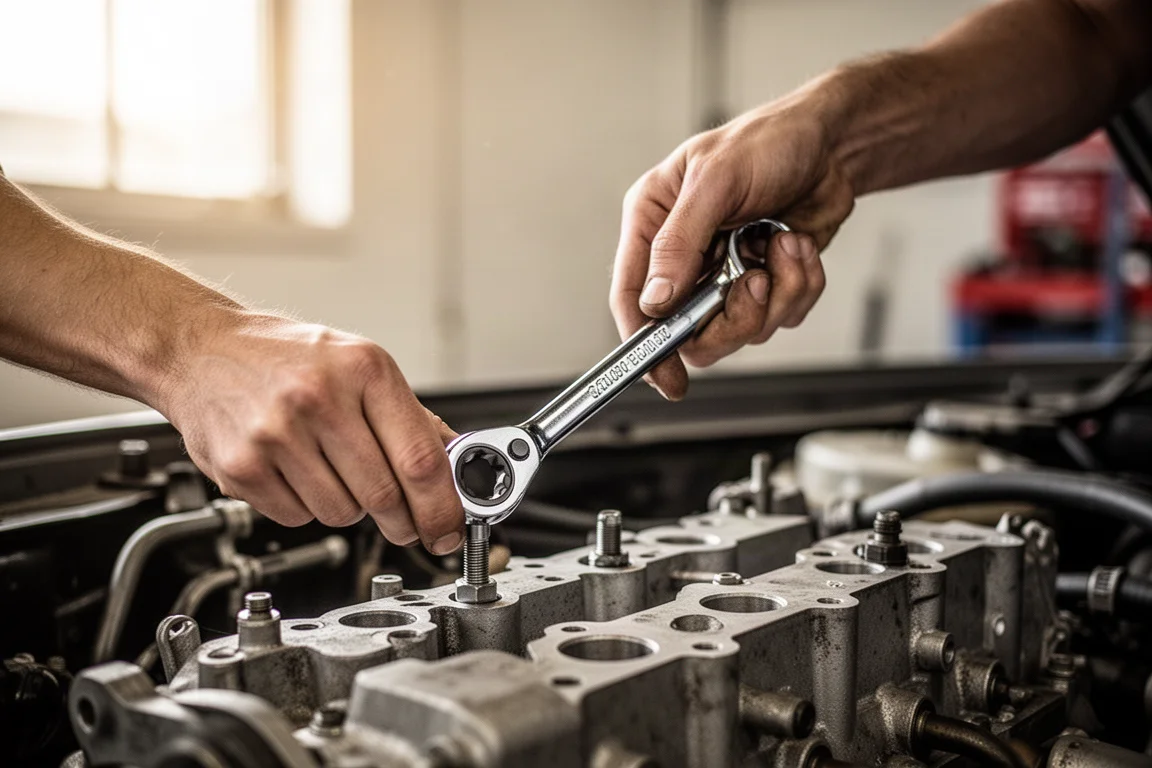 Mechanic's hands fitting a ratcheting wrench onto a bolt head on an engine