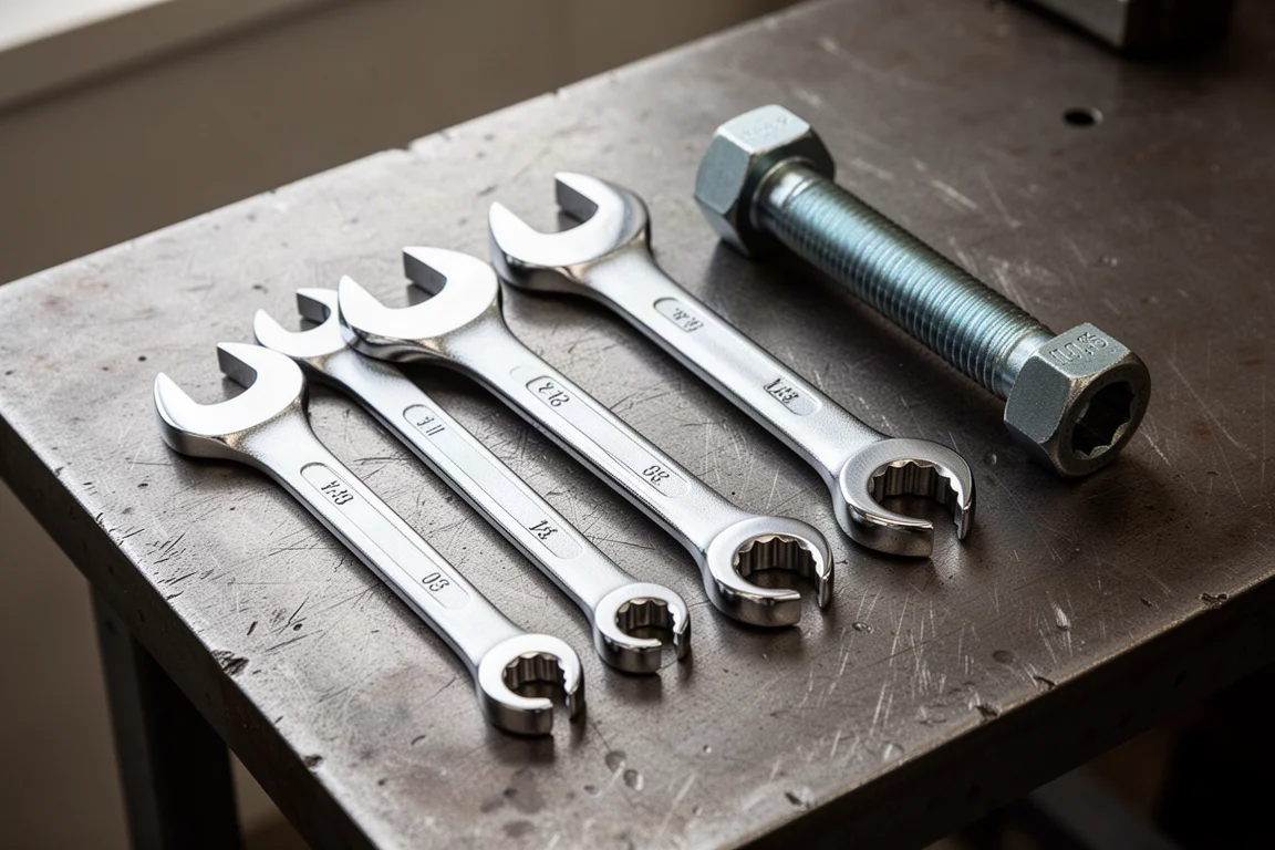 Wrench heads resting on a workbench next to a metric bolt