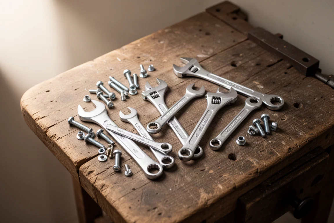 Small wrenches and fasteners arranged on a workshop bench in flat-lay