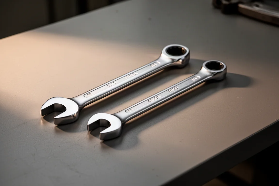 Two chrome wrenches lying parallel on a workbench under warm side light