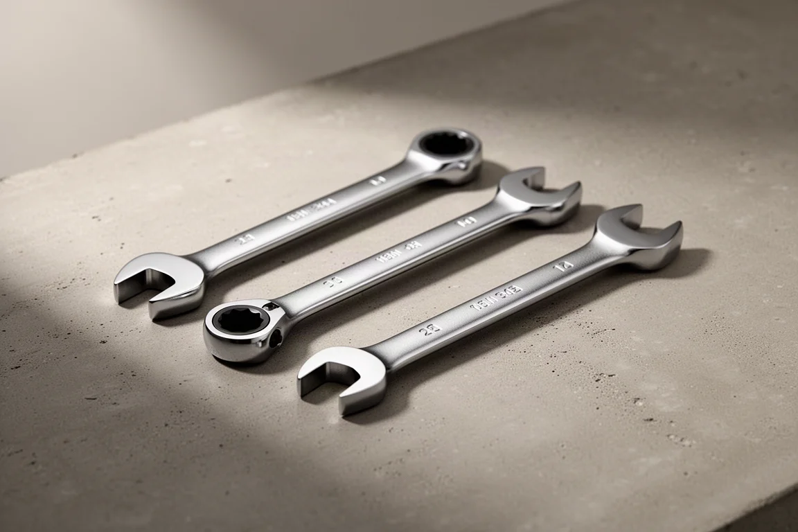 Three polished chrome ratcheting combination wrenches arranged on a concrete surface
