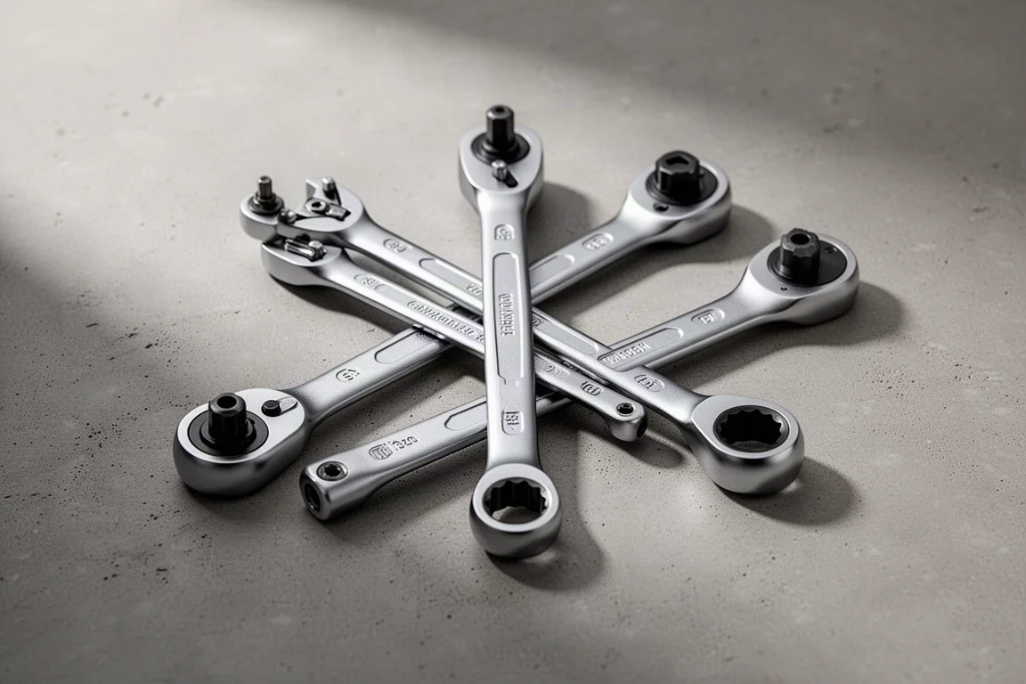 Three ratcheting flex head double box end wrenches arranged on a concrete surface
