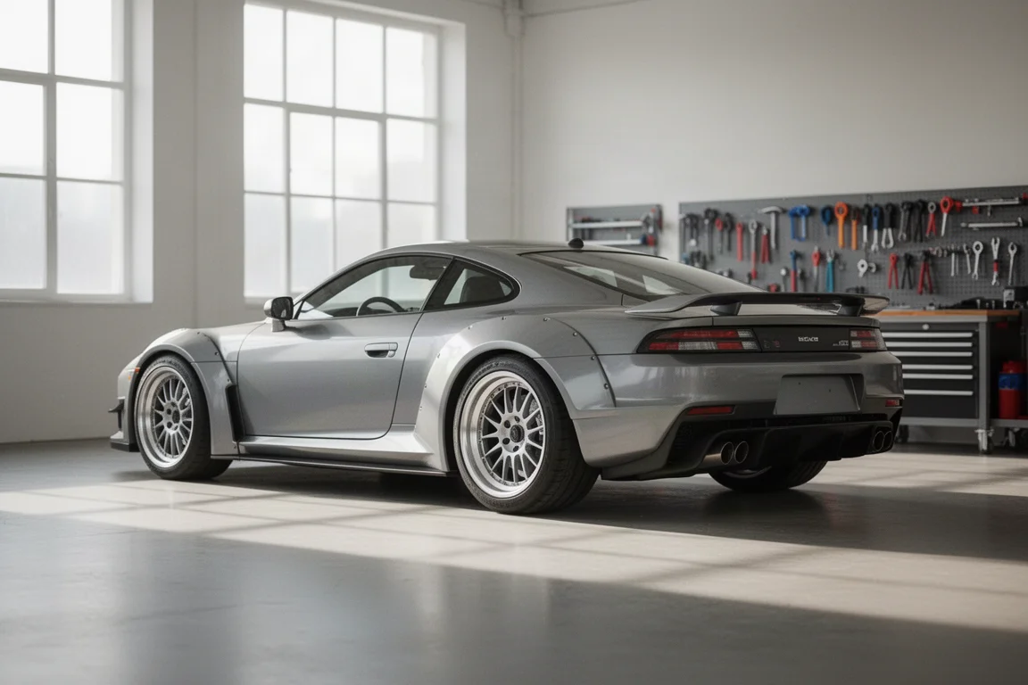 Wide-body sports car standing in a bright, minimal workshop