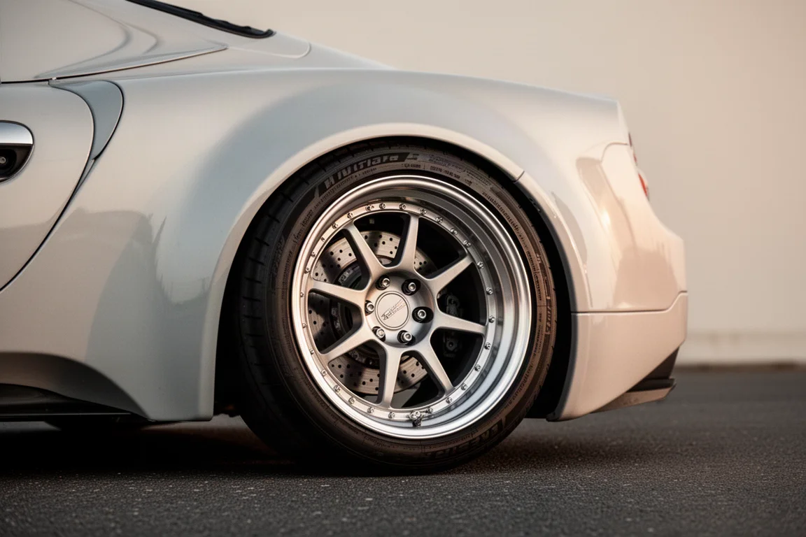Close-up of a wide rear wheel arch and 18-inch wheel on tarmac