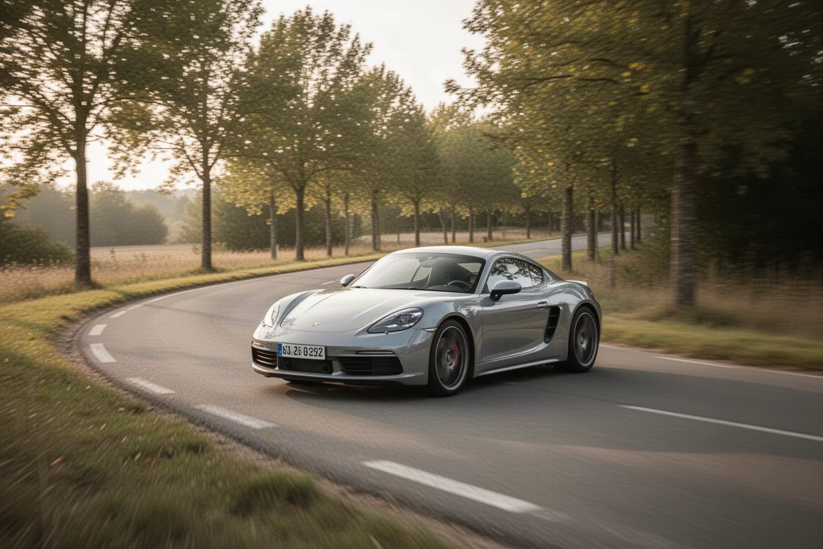 Sports car driving along a quiet country road in soft light