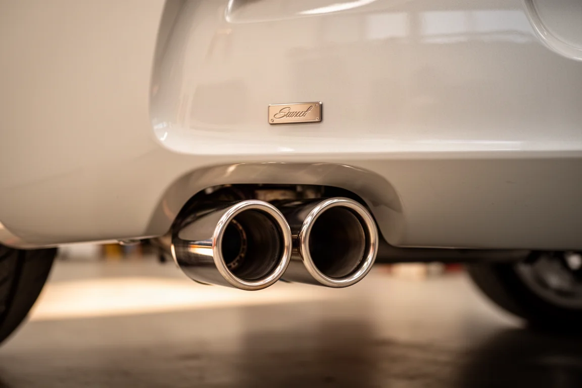 Polished exhaust tips with a small engraved badge on a sports car rear