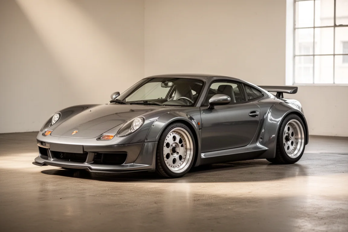 Wide-body Ravage Group 4 A110 sports car on matte concrete in a bright workshop