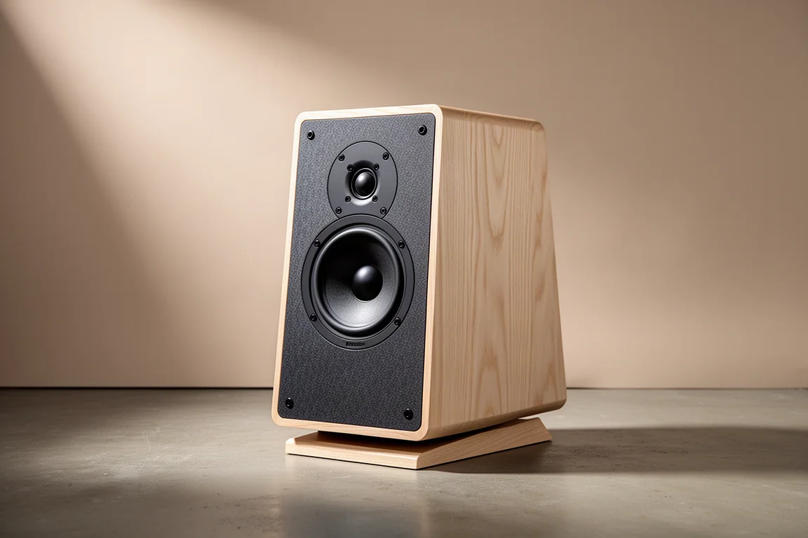 Compact ash wood floorstanding speaker with a single full-range driver on a riser