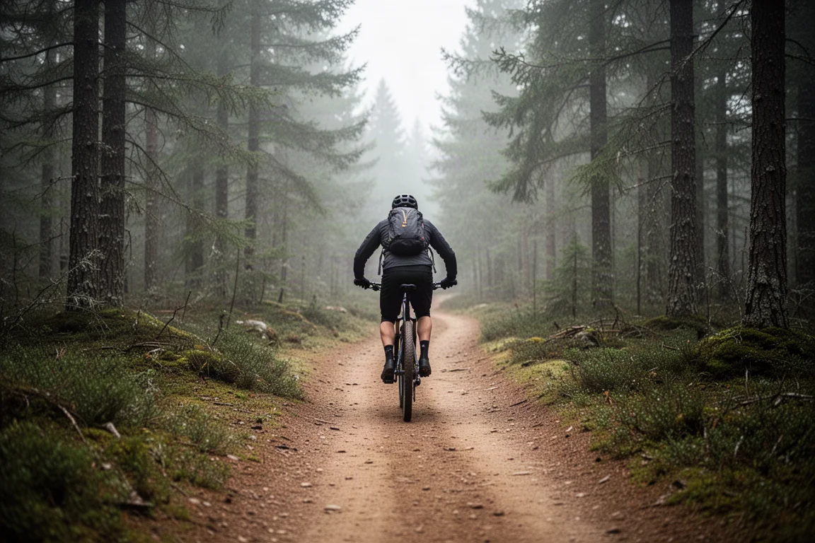 Mountain biker su un sentiero sterrato tra il bosco con luce coperta