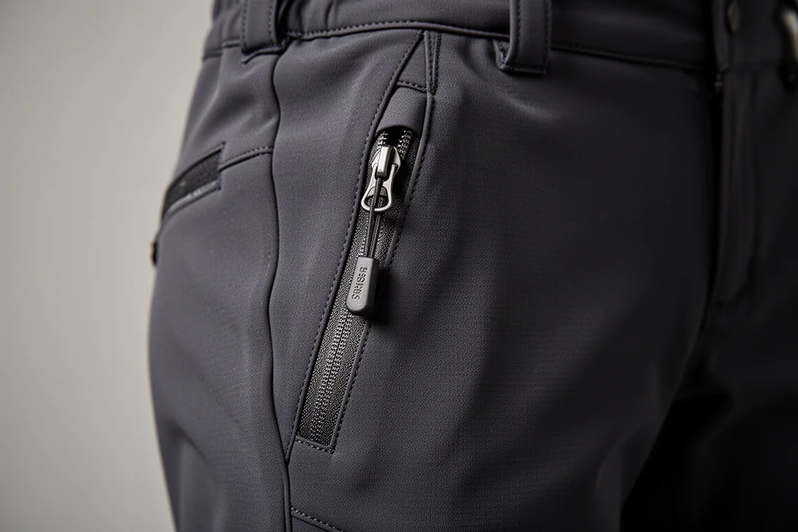 Primo piano della tasca con zip su un pantalone soft shell da esterno