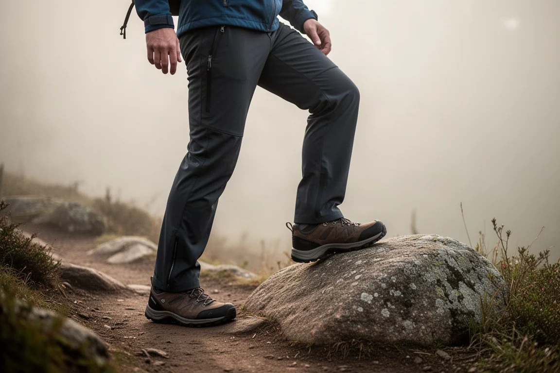 Persona che si allunga e si muove all'aperto con pantaloni da trail flessibili