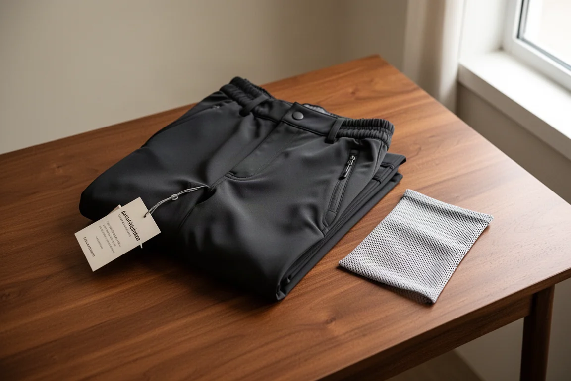 Etichetta di cura e pantalone soft shell piegato su una scrivania