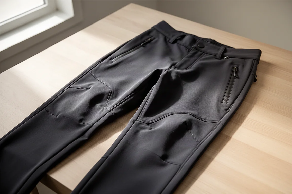 Dark soft shell all-weather outdoor pants laid flat on brushed wood surface